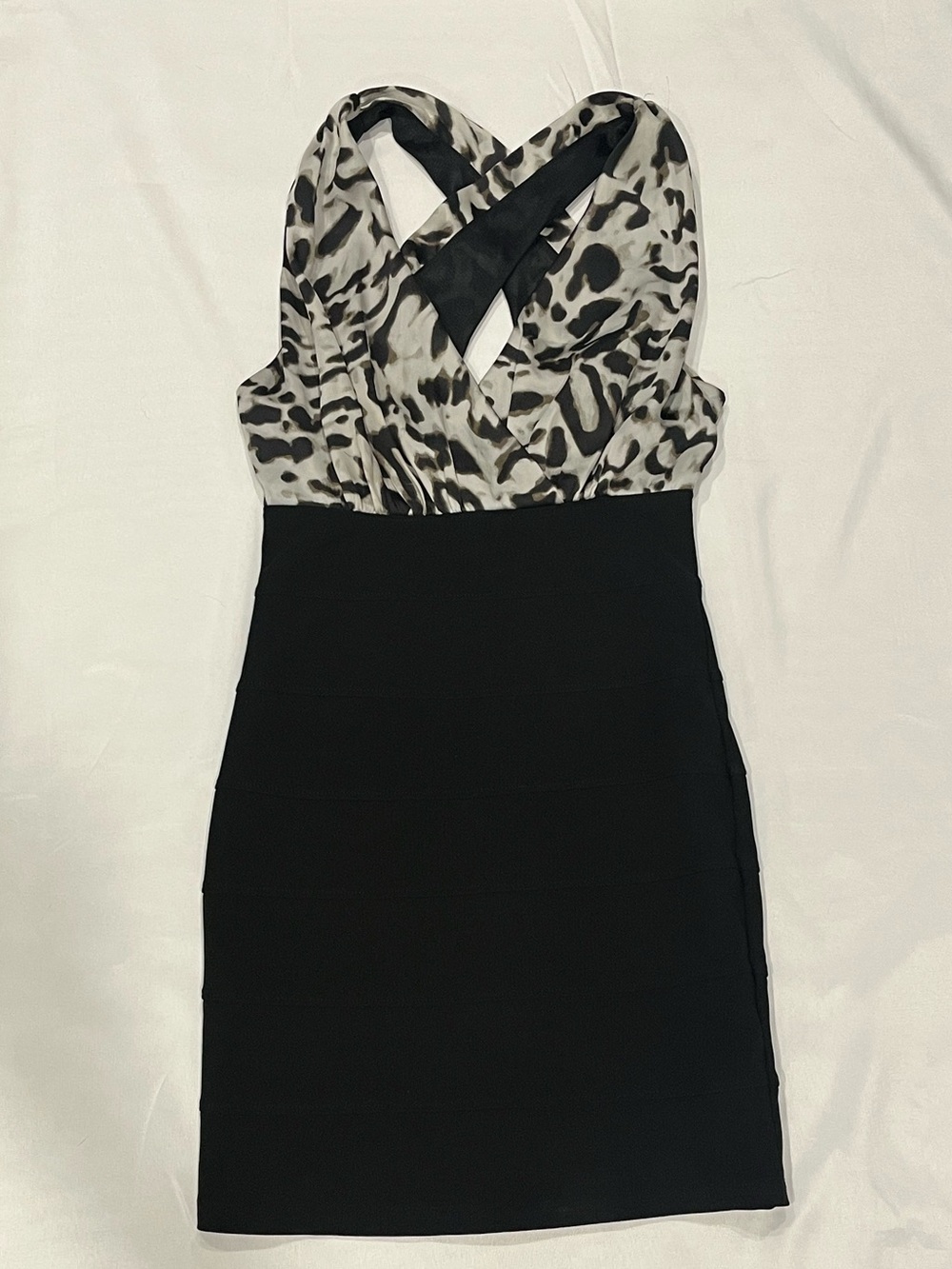Black and White Animal Print Cross-Back Sheath Dress